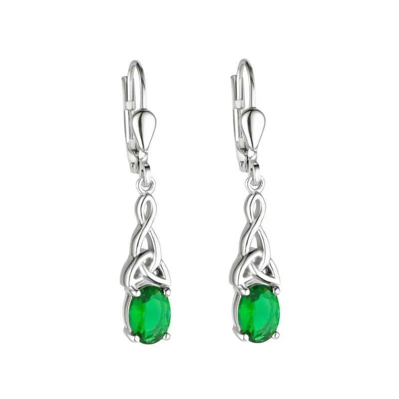 Silver Celtic Trinity Knot Drop Earrings With Green Crystal...