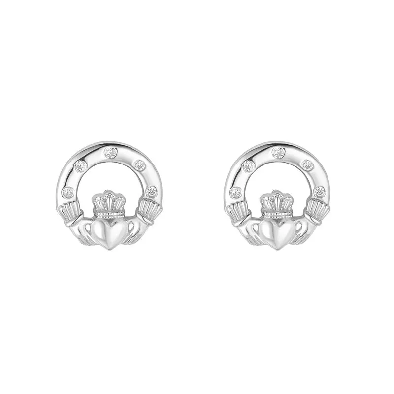 Sterling Silver Claddagh Stud Earrings With Cubic Zirconia...