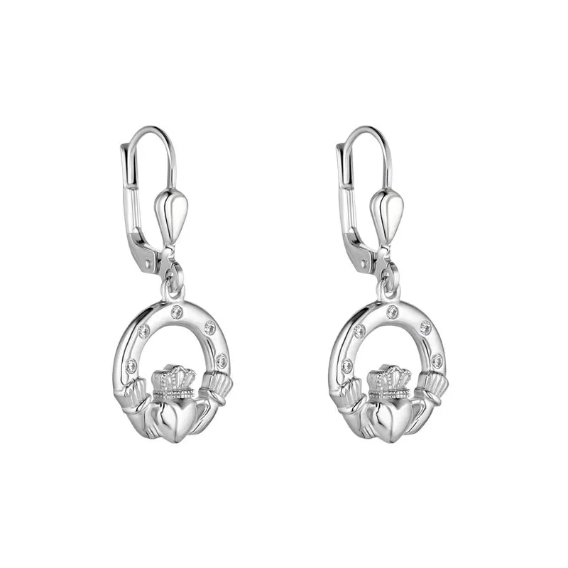 Sterling Silver Claddagh Drop Earrings With Cubic Zirconia...