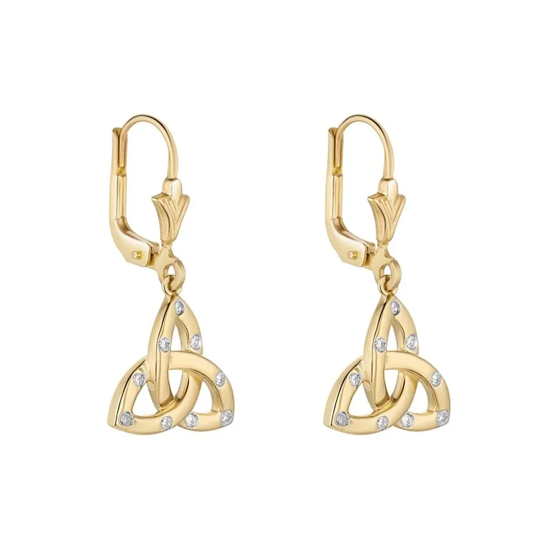 Gold Celtic Trinity Knot Drop Earrings With Flush Set Diamonds...