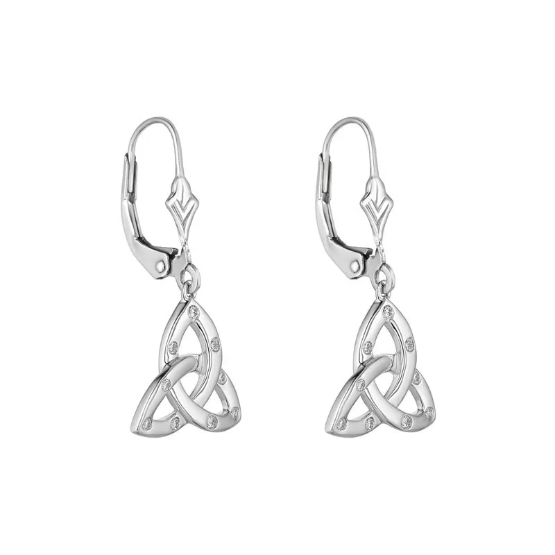 Celtic Trinity Knot Drop Earrings In White Gold With Flush Set Diamond...