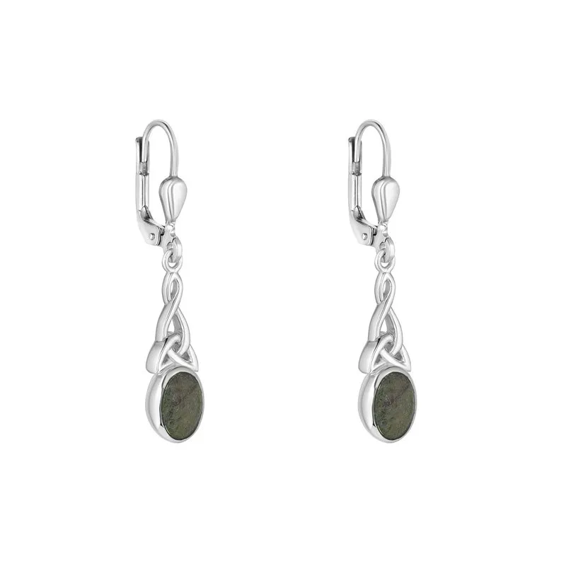 Connemara Marble Silver Trinity Knot Long Drop Earrings...