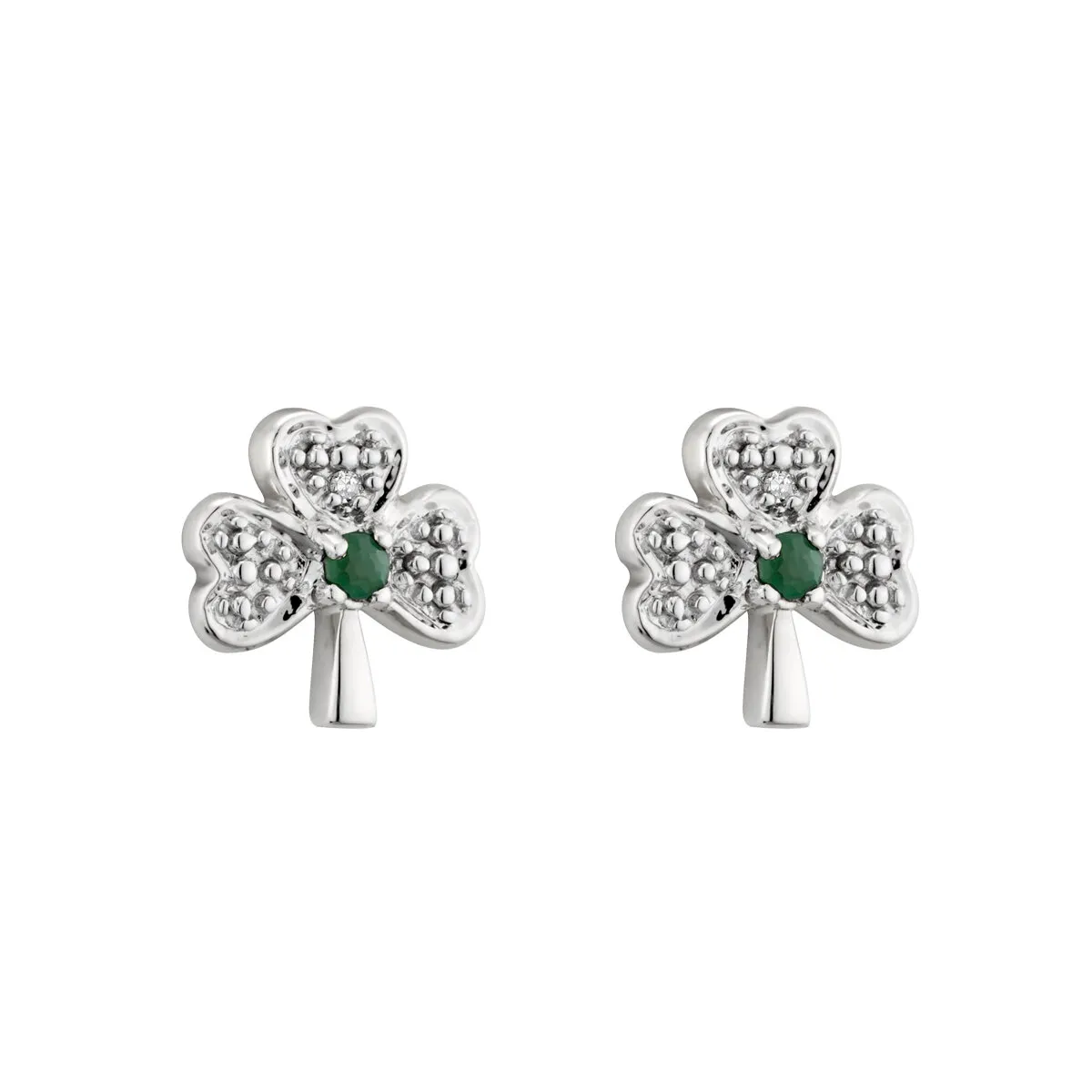 Diamond & Emerald Shamrock Stud Earrings in White Gold...