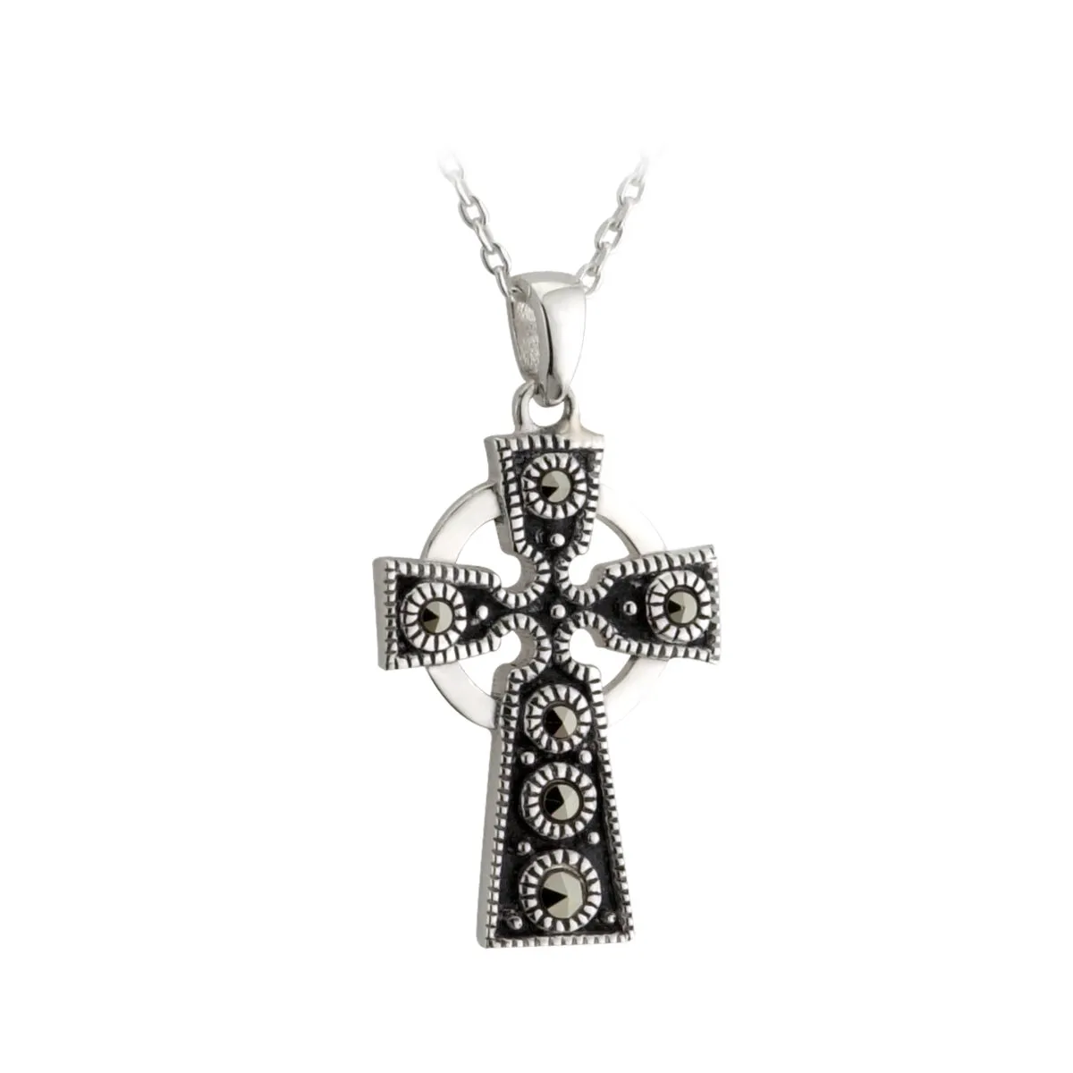 Sterling Silver Celtic Cross Marcasite Pendant...