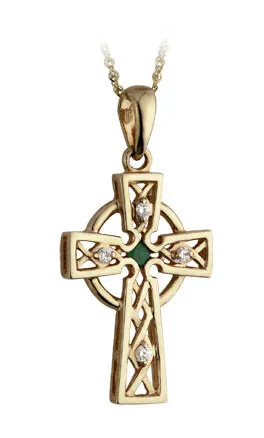 9k Gold Celtic Cross Necklace With Emerald And Cubic Zirconia...