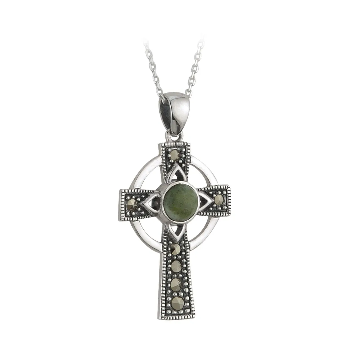 Silver Connemara Marble & Marcasite Celtic Cross Pendant