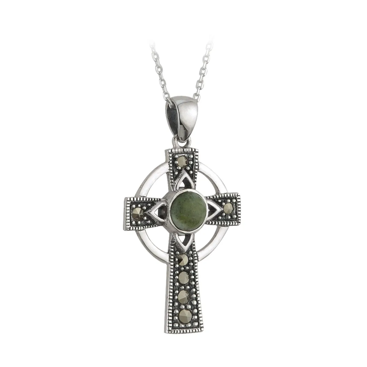 Sterling Silver Connemara Marble Marcasite Cross Pendant0...