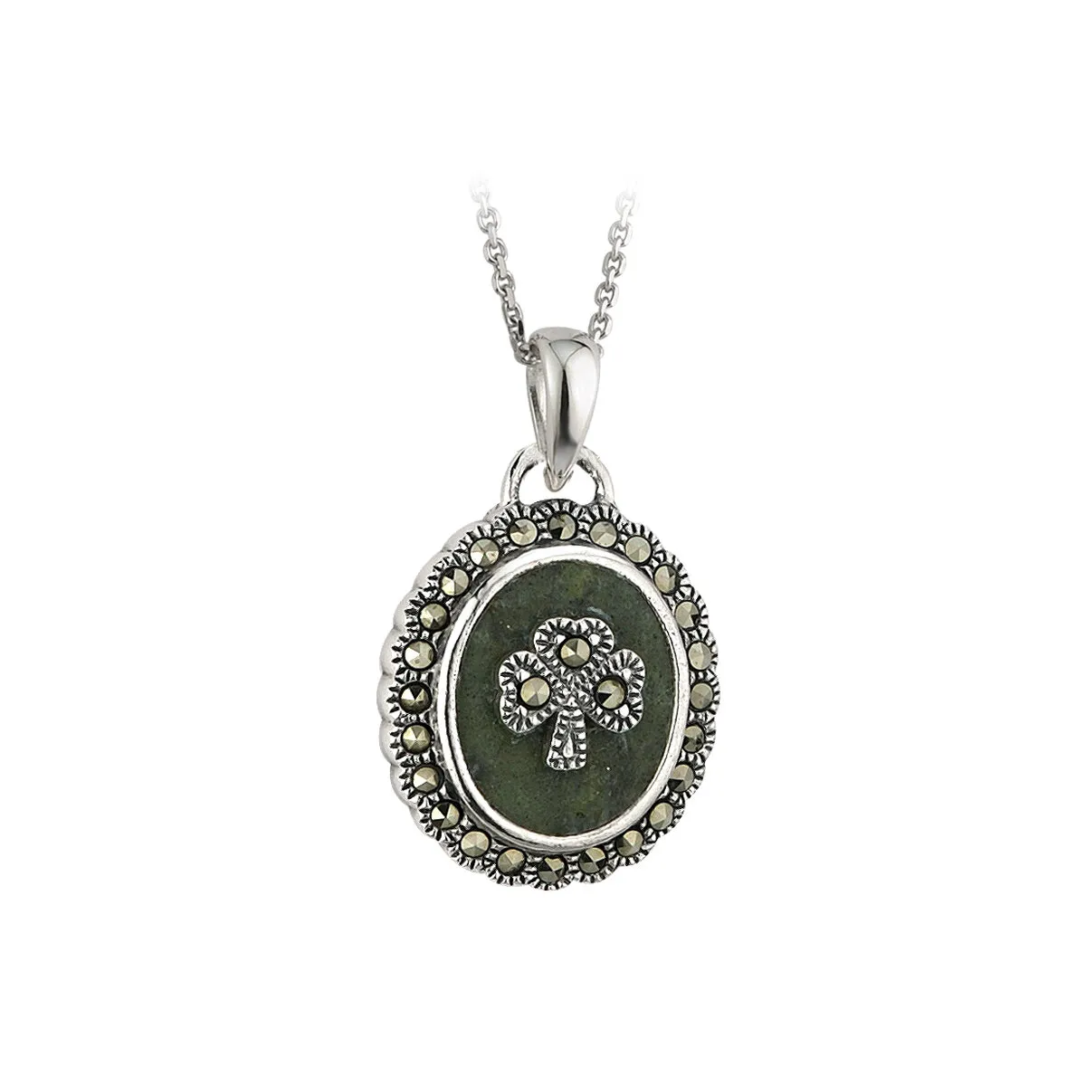 Marcasite & Connemara Marble Oval Shamrock Pendant...