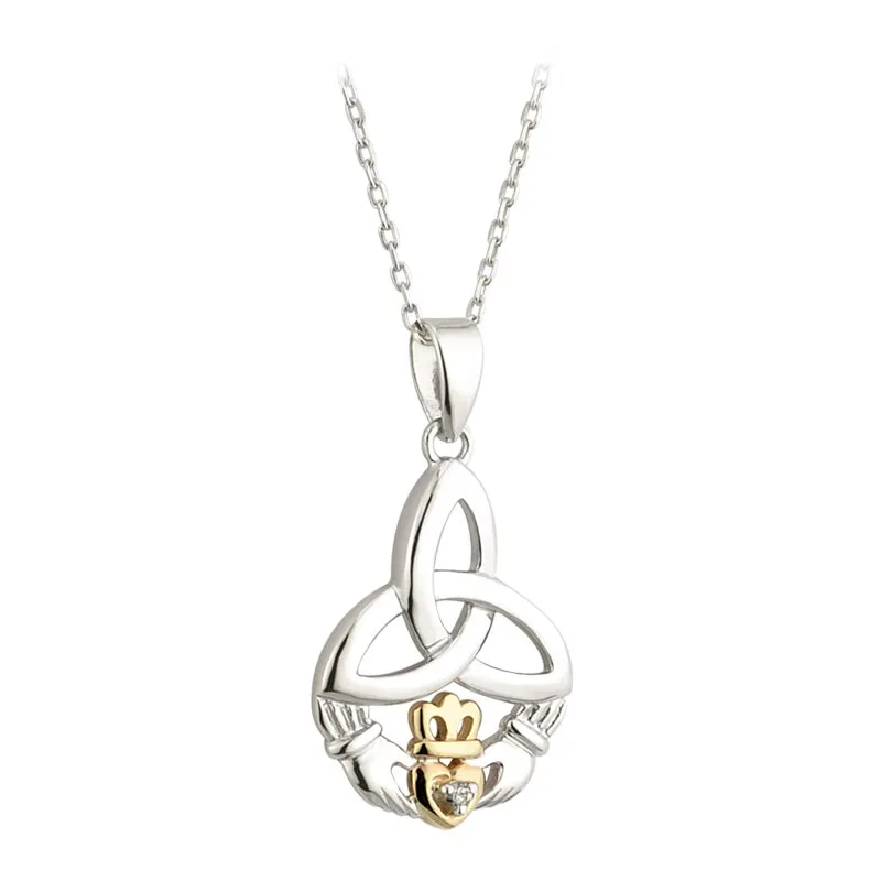 Sterling Silver And 10k Gold Diamond Trinity Knot Claddagh Pendant0