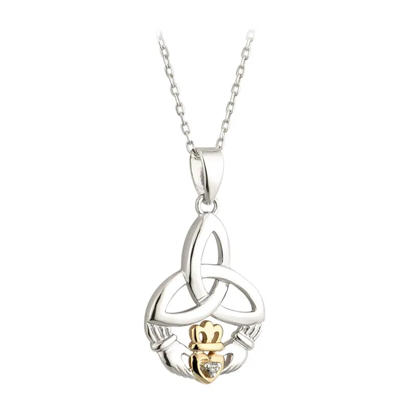 Gold & Silver Claddagh Trinity Knot Pendant Adorned With Diamond