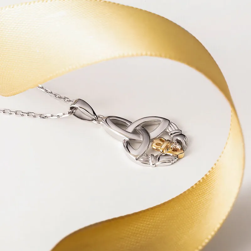 Gold & Silver Claddagh Trinity Knot Pendant Adorned With Diamond Photo 3 