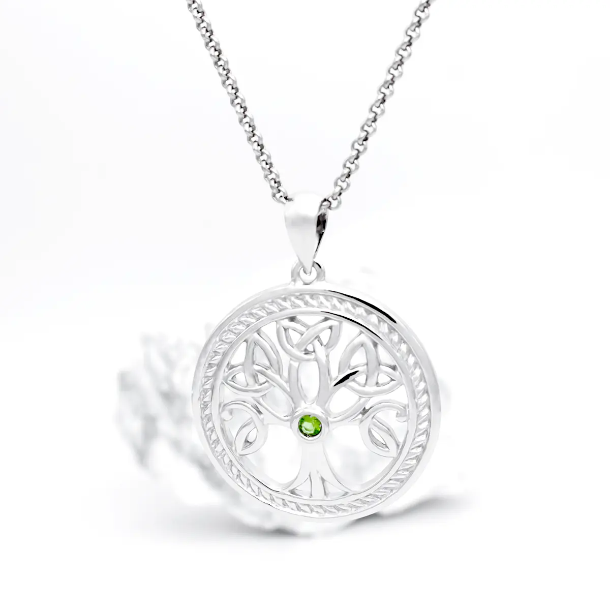 Sterling Silver Celtic Tree Of Life Pendant With Green Stone Centerpie...