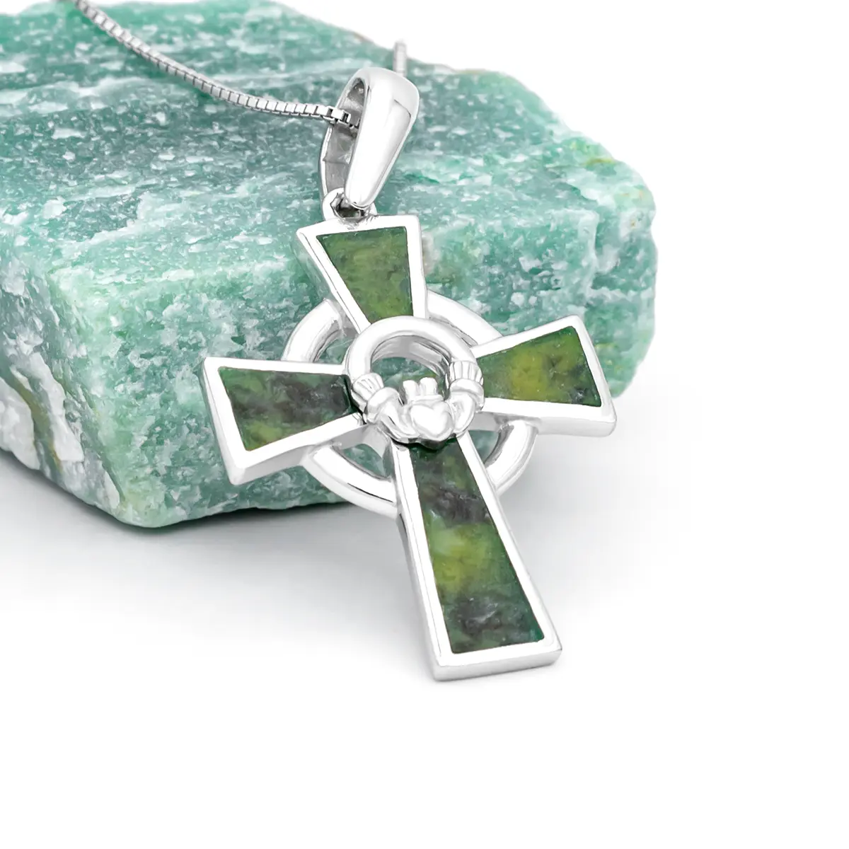 Connemara Marble Claddagh Cross Pendant in Sterling Silver...