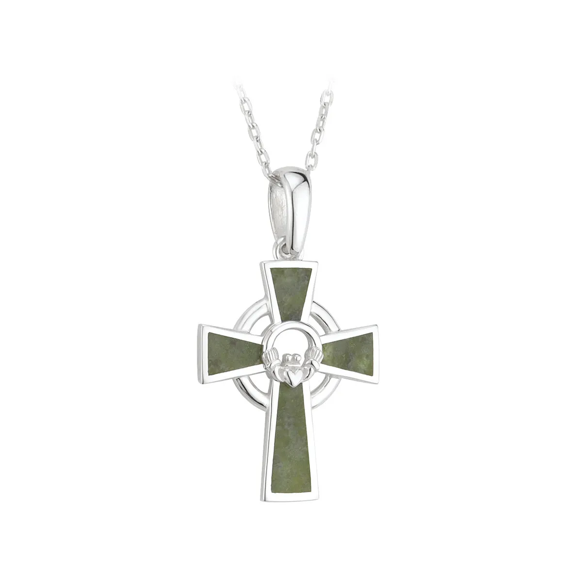 Sterling Silver Connemara Marble Claddagh And Cross Pendant0