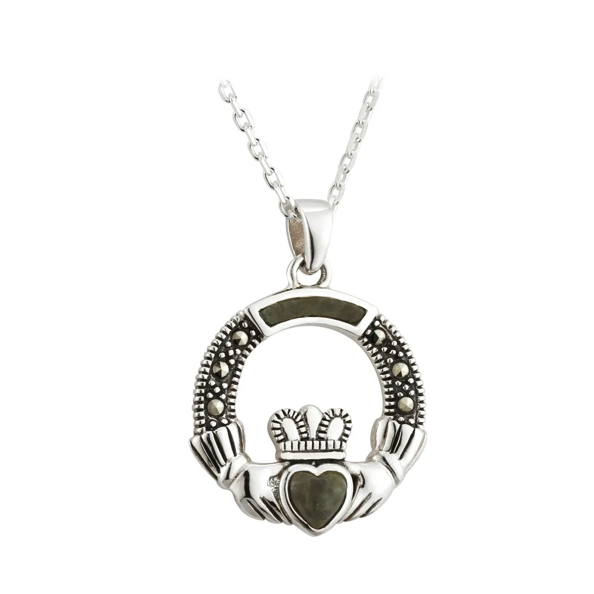 Connemara Marble & Marcasite Claddagh Pendant in Sterling Silver...