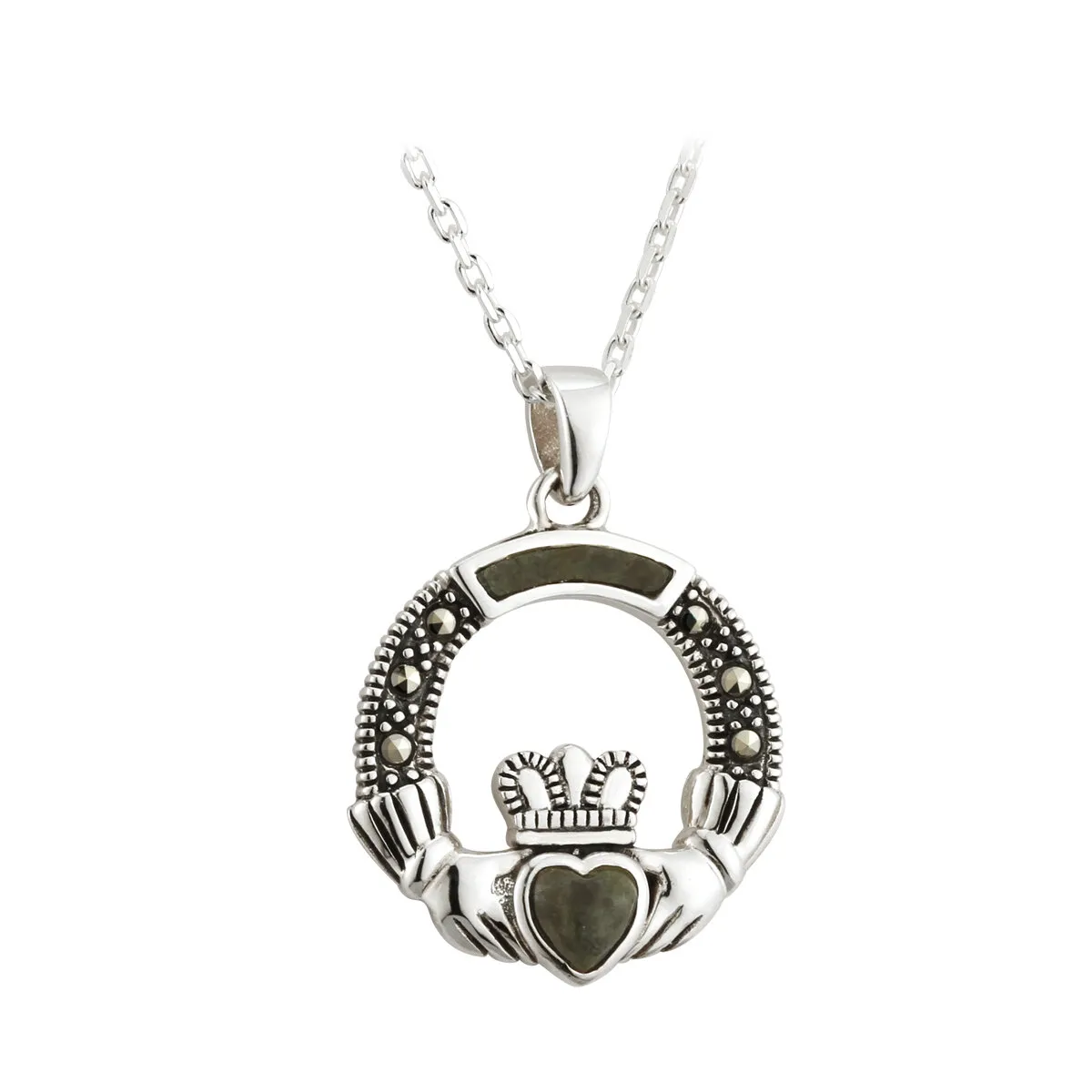 Sterling Silver Connemara Marble And Marcasite Claddagh Pendant0...