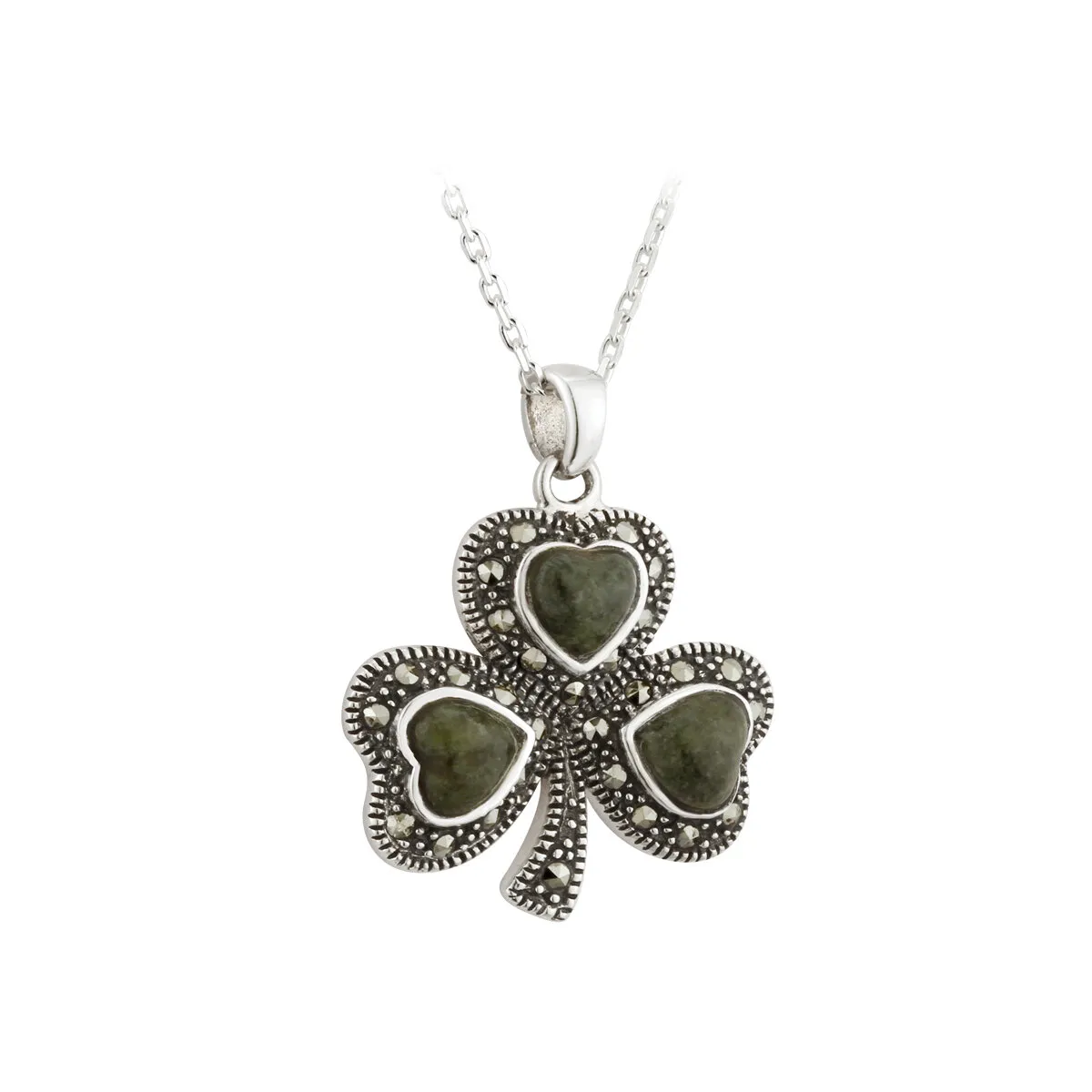 Sterling Silver Connemara Marble And Marcasite Shamrock Pendant0...