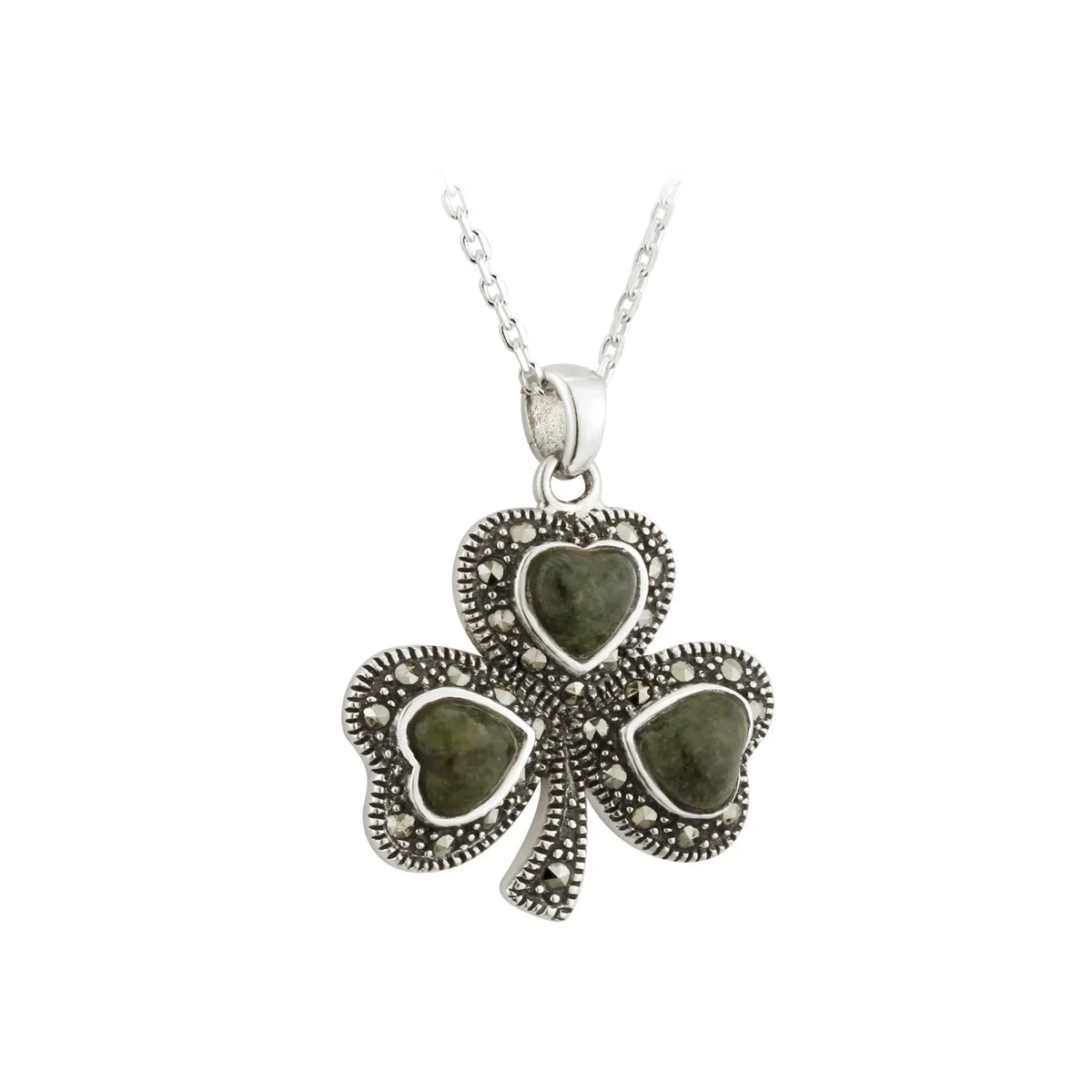 Connemara Marble & Marcasite Shamrock Necklace in Sterling Silver...