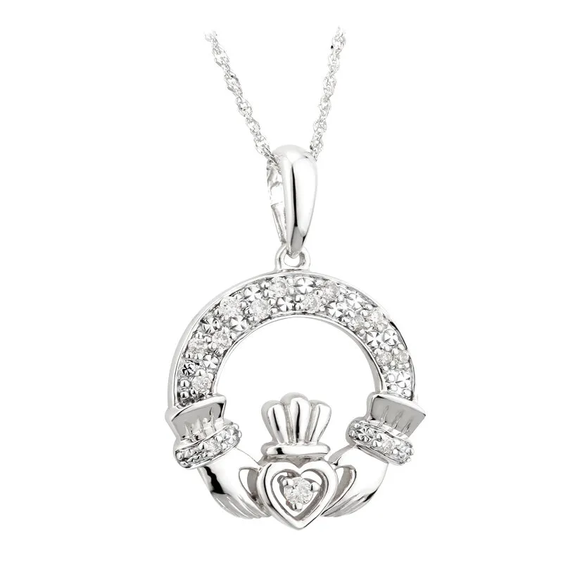 Dazzling Diamond Claddagh Necklace In White Gold...