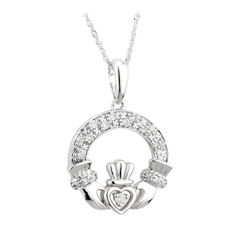 14k White Gold Diamond Claddagh Pendant0...