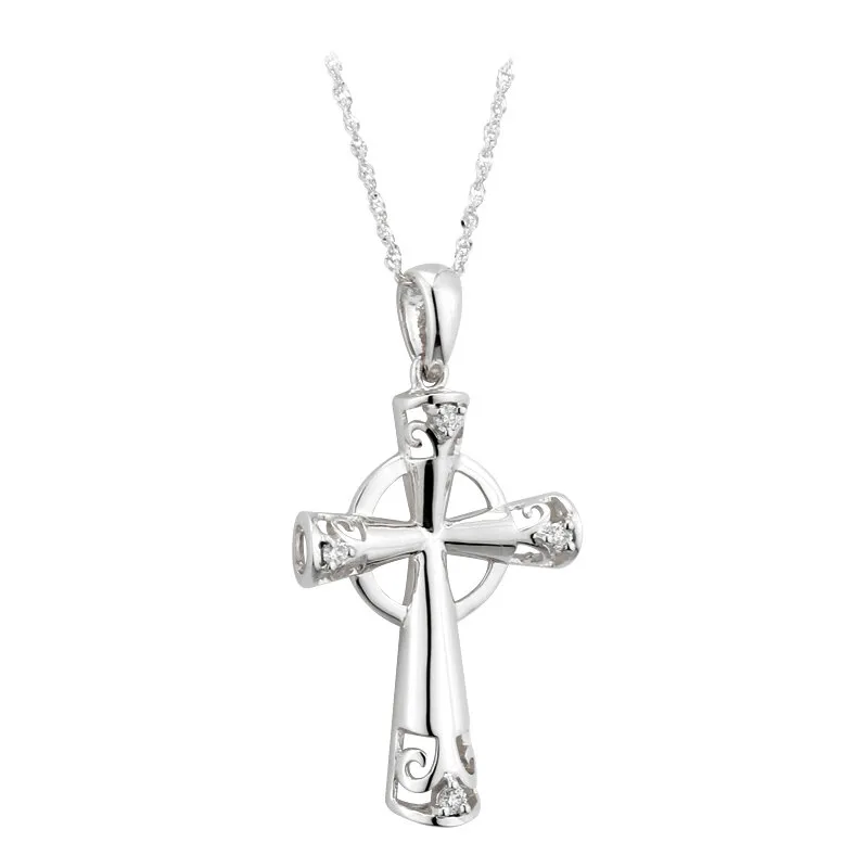 Ladies White Gold Diamond Celtic Cross Necklace...