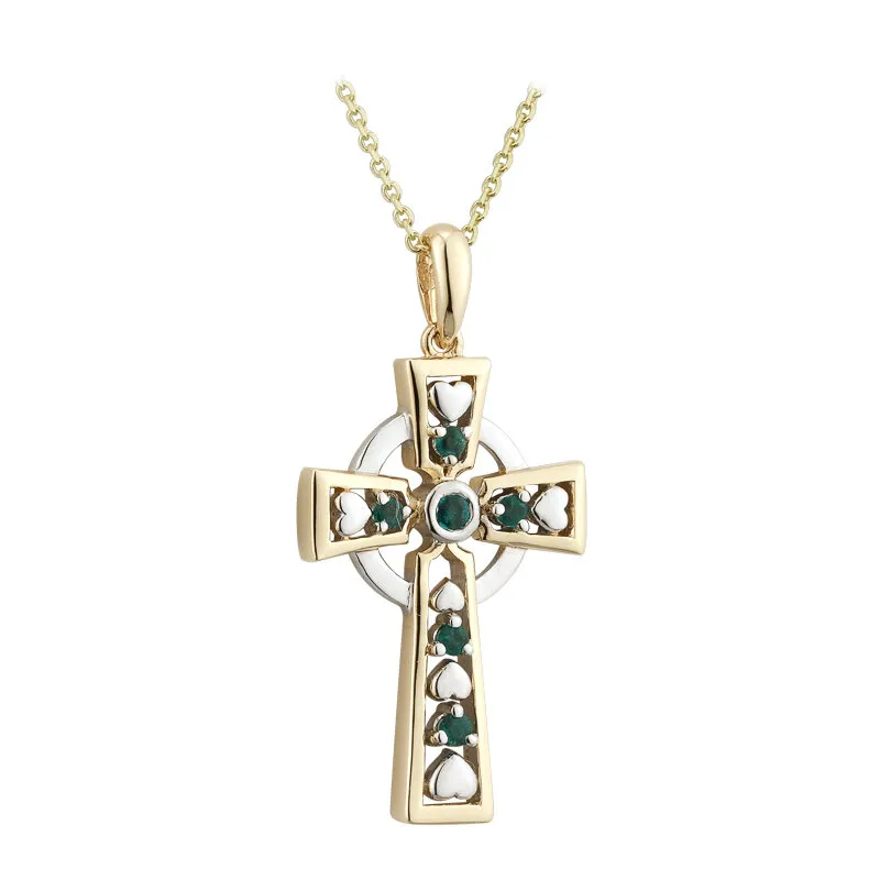 Two Tone Gold Celtic Cross Pendant with Emeralds...