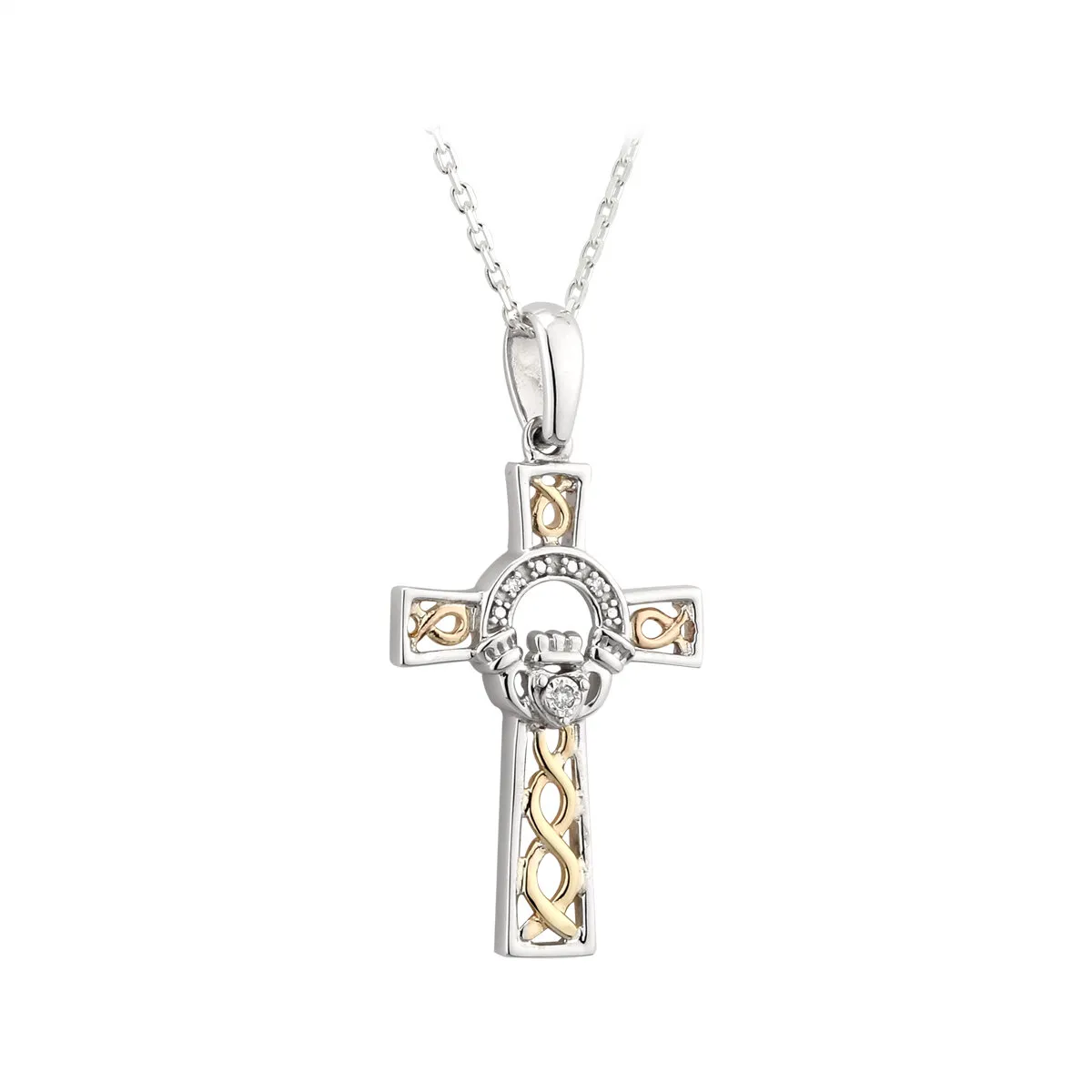 10k Gold & Silver Celtic Cross Claddagh Pendant With Diamond...