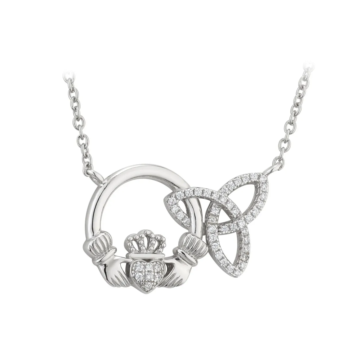 Silver Claddagh Trinity Knot Necklace With Cubic Zirconia...