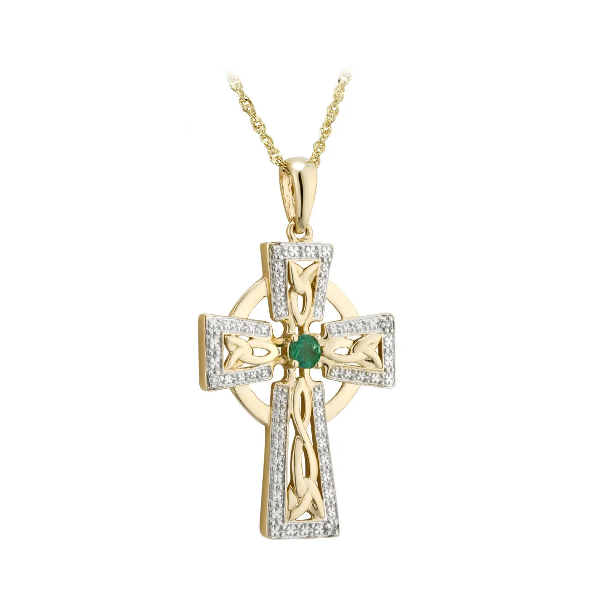 Diamond and Emerald Celtic Cross Pendant in 14k Gold...