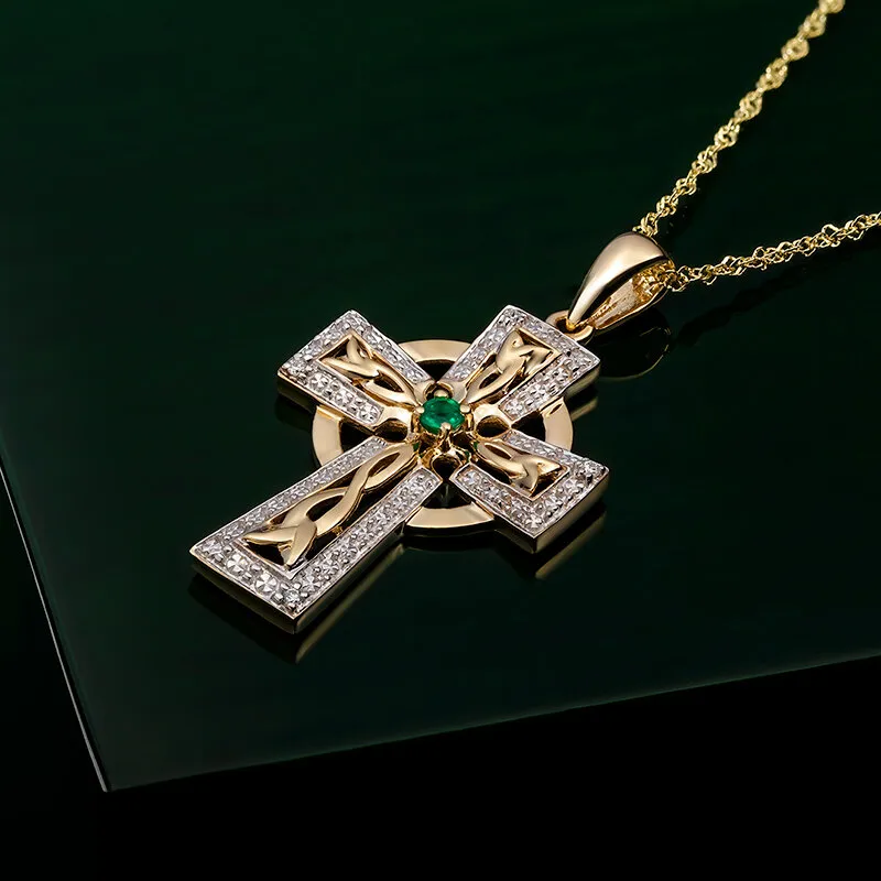 14k Gold Diamond And Emerald Cross Necklace2...