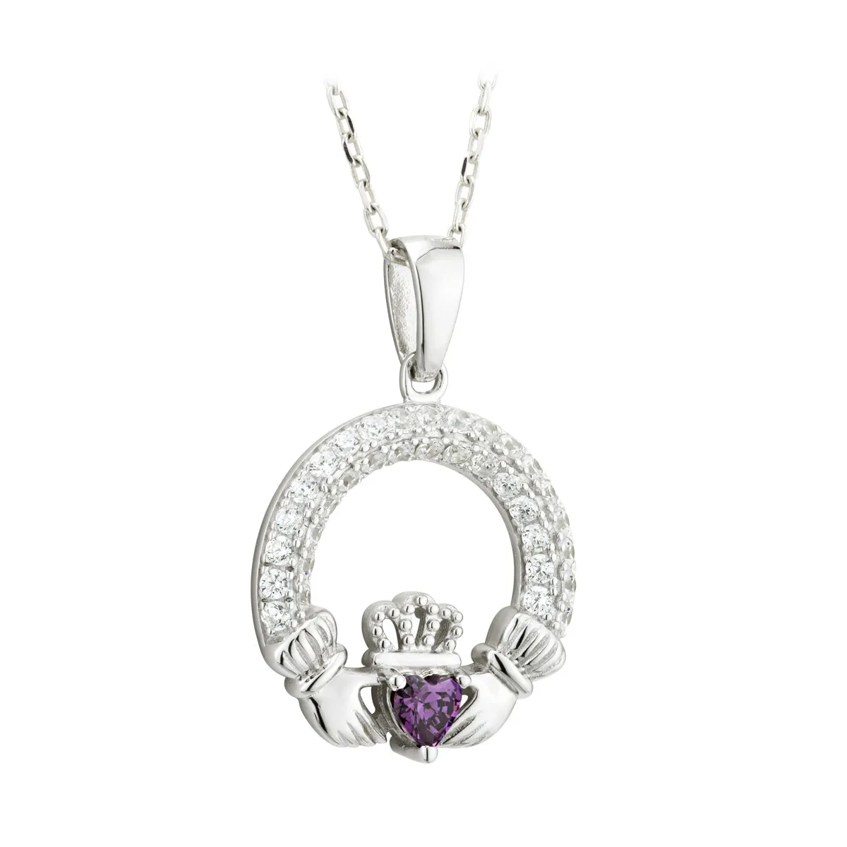 Sterling Silver February Amethyst Birthstone Claddagh Pendant...