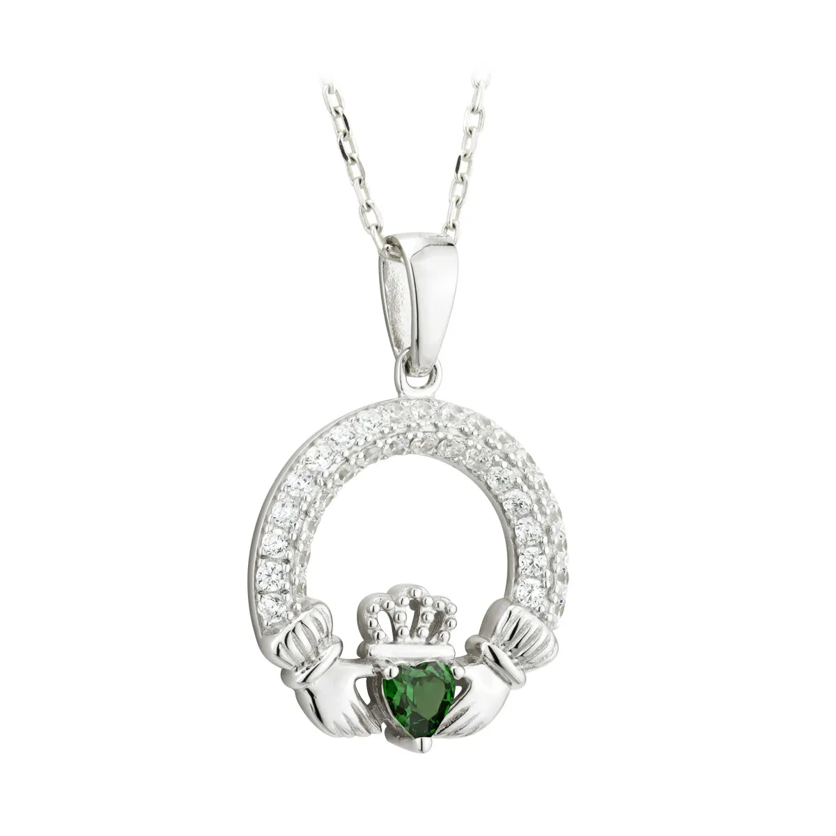 Sterling Silver May Emerald Birthstone Claddagh Pendant...