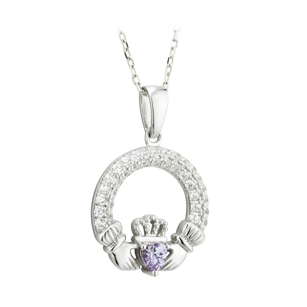 Sterling Silver June Amethyst Birthstone Claddagh Pendant...