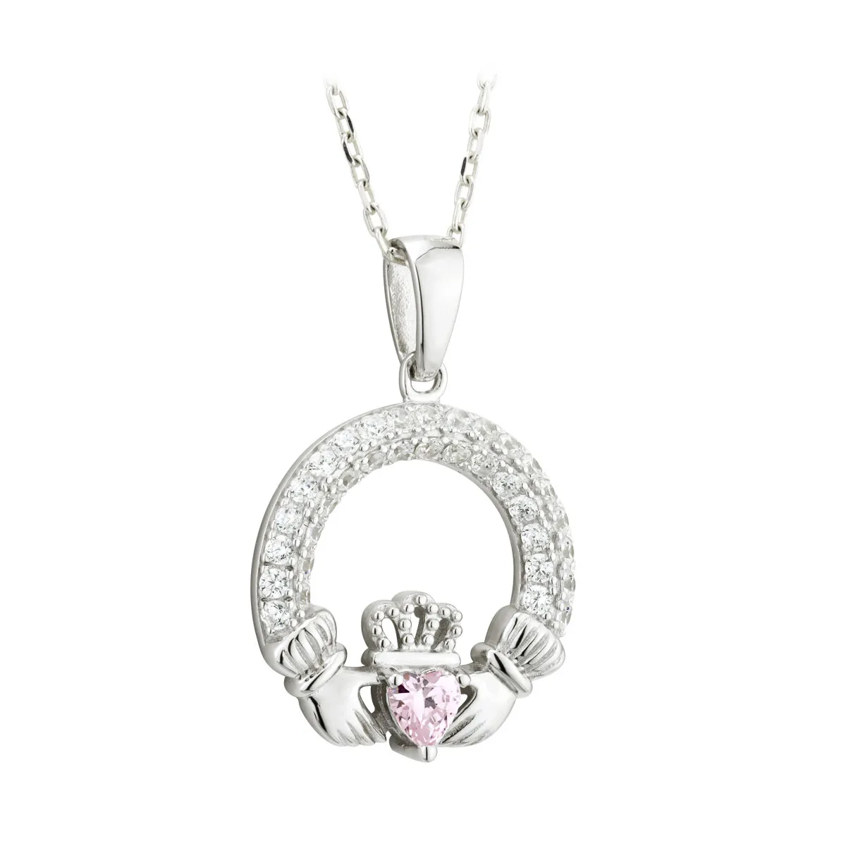 Sterling Silver October Rose Birthstone Claddagh Pendant...