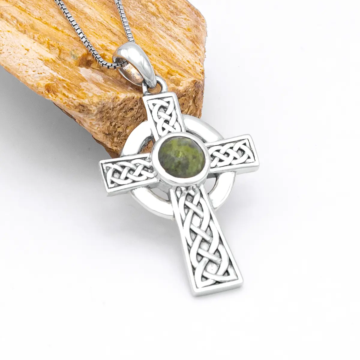 Sterling Silver Celtic Cross Pendant Featuring Connemara Marble...