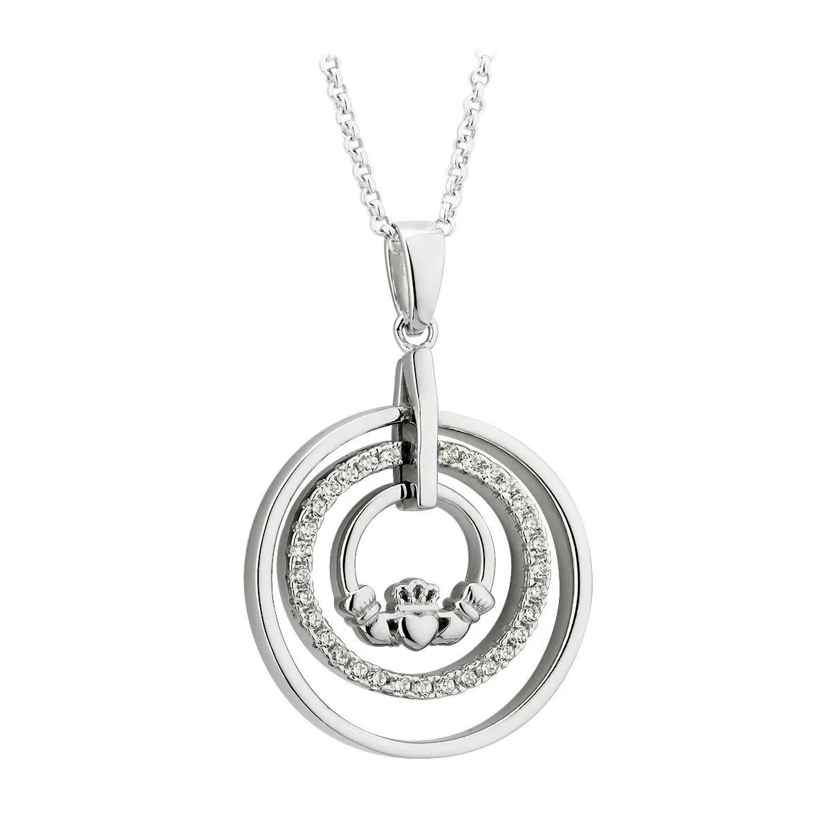 Sterling Silver Cubic Zirconia Claddagh Circle Pendant 0...