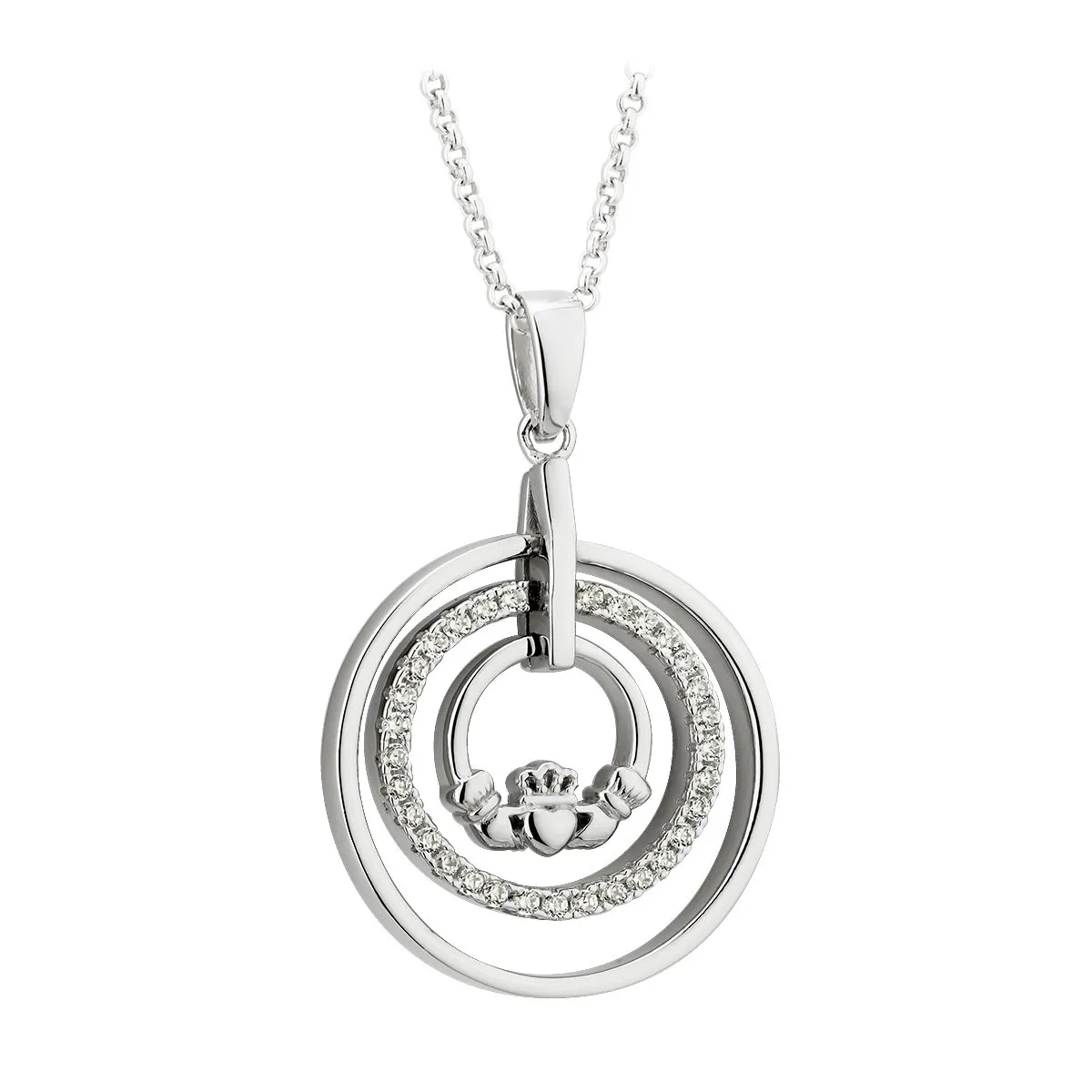 Sterling Silver Claddagh Circle Necklace With Cubic Zirconia Stones...