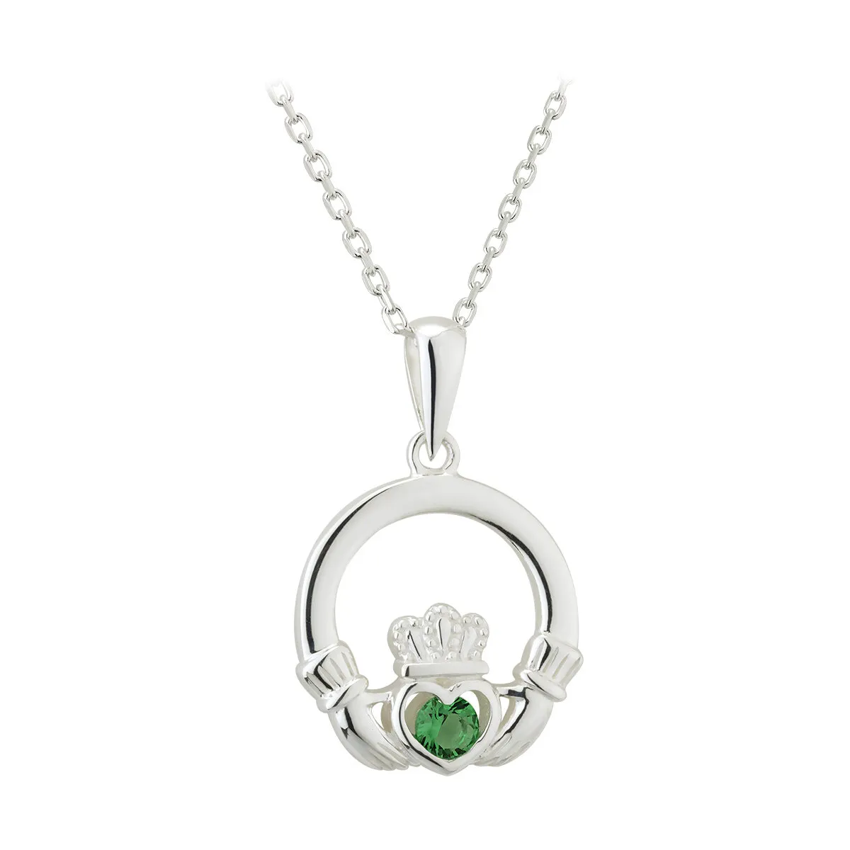 Silver Claddagh Pendant With Green Crystal