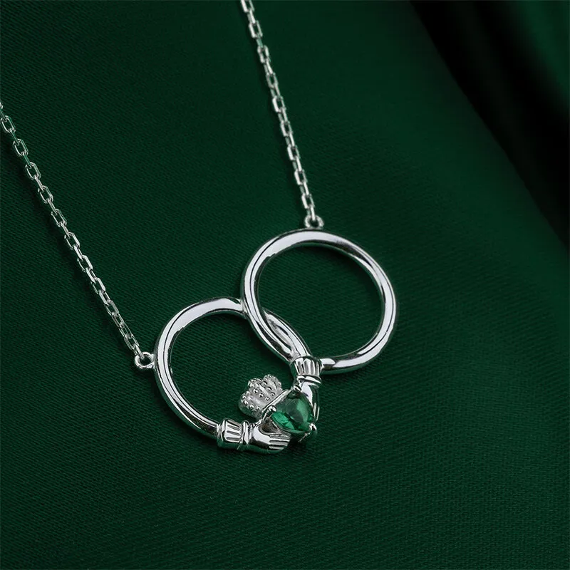 Silver Twin Circle Claddagh Necklace With Green Heart Crystal Photo 2 
