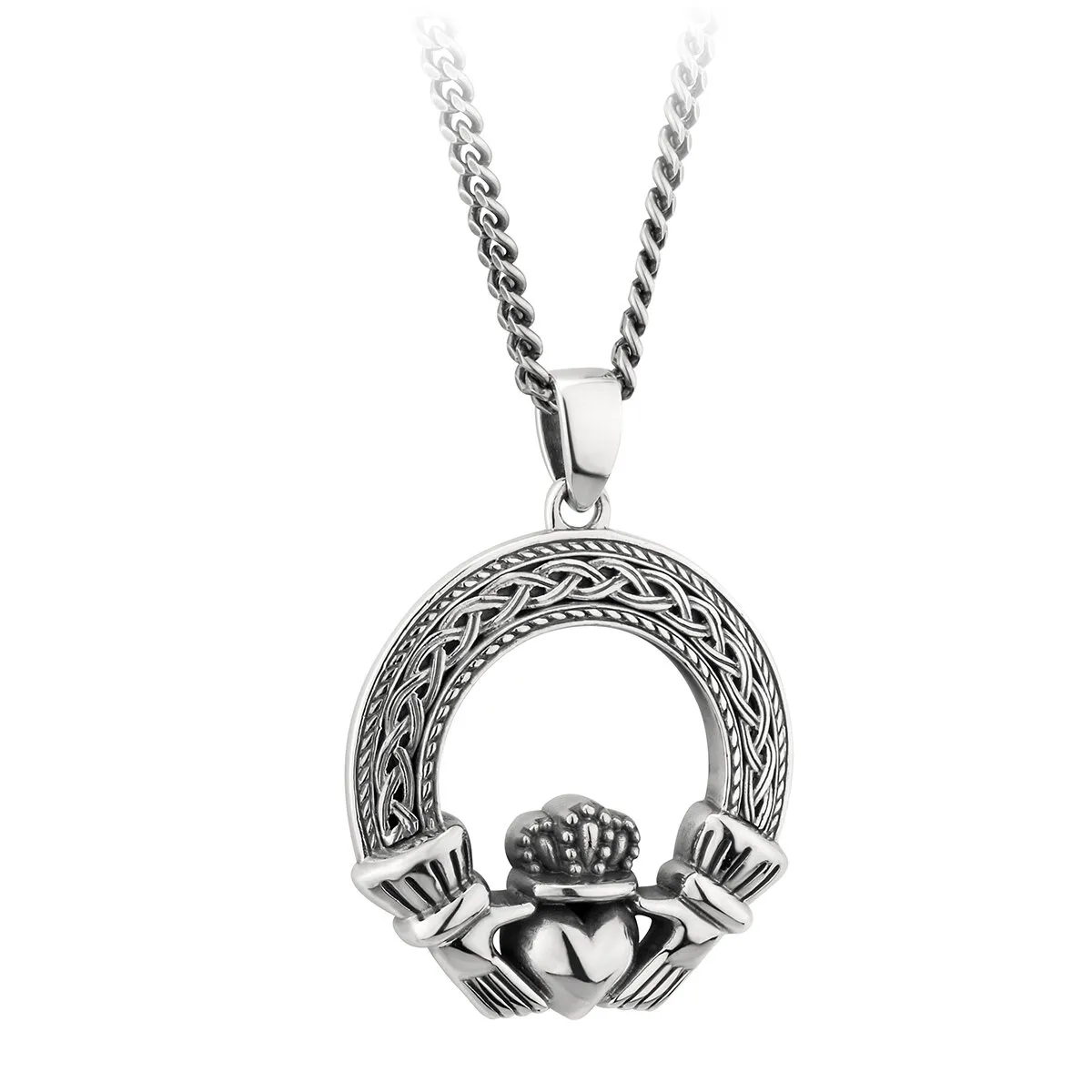 Mens Oxidized Sterling Silver Celtic Claddagh Pendant...