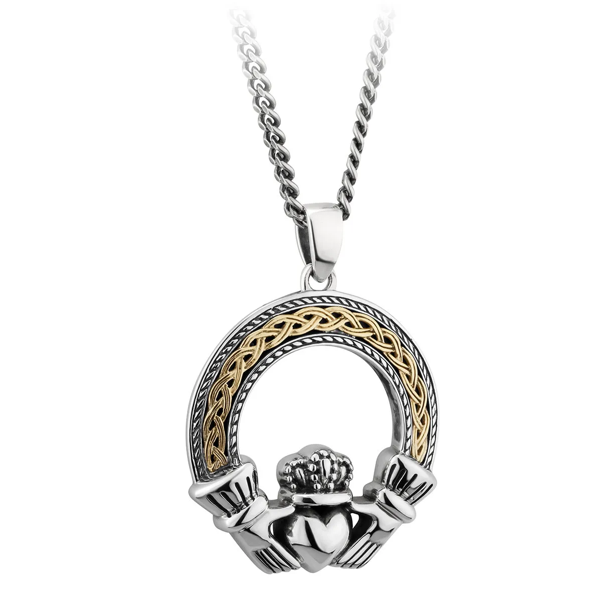 Mens 10k Gold & Oxidized Sterling Silver Claddagh Celtic Pendant...