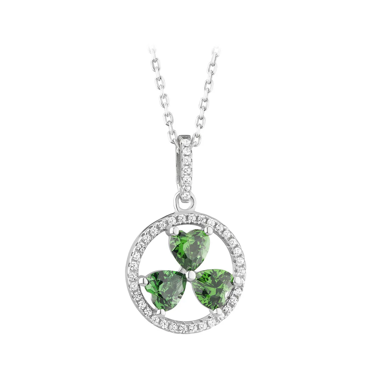 Sterling Silver Green Cubic Zirconia Shamrock Circle Pendant0...