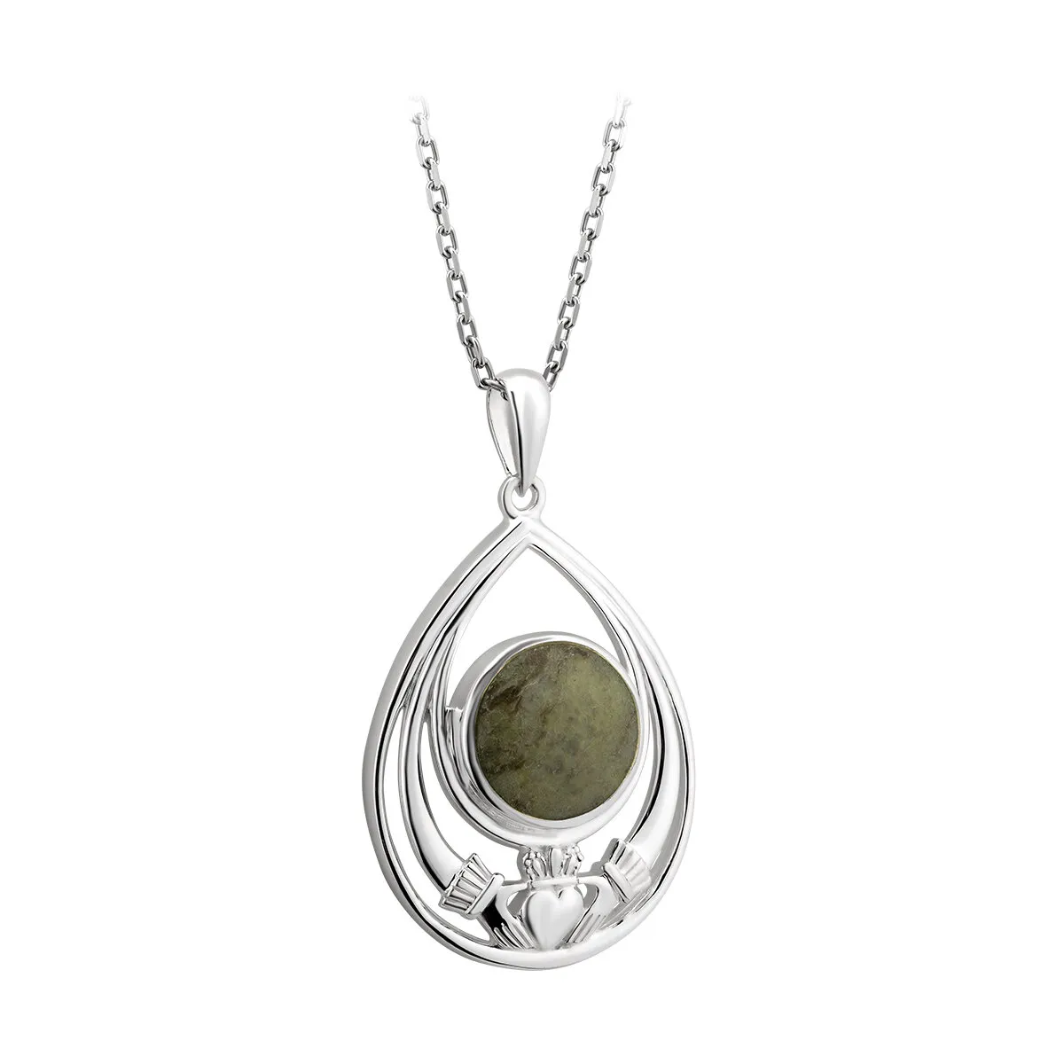 Silver Connemara Marble Teardrop Claddagh Pendant...