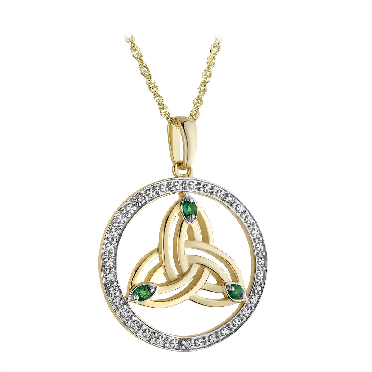 Two Tone Gold Emerald Trinity Knot Pendant...