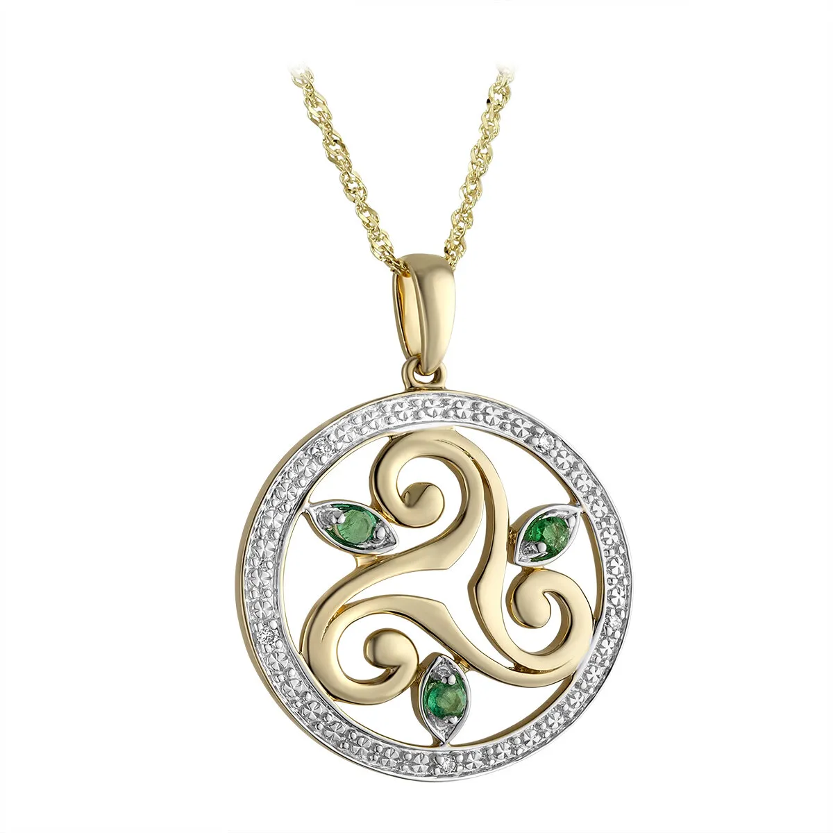 14k White And Yellow Gold Diamond And Emerald Round Spiral Pendant