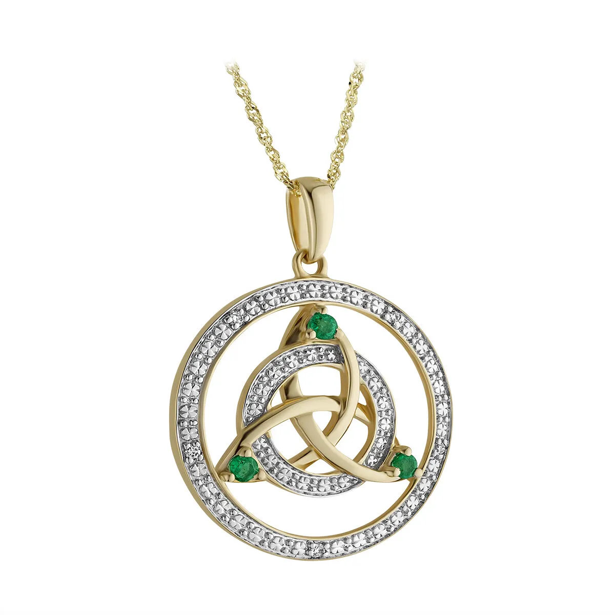 14k White And Yellow Gold Diamond And Emerald Round Celtic Knot Pendant...