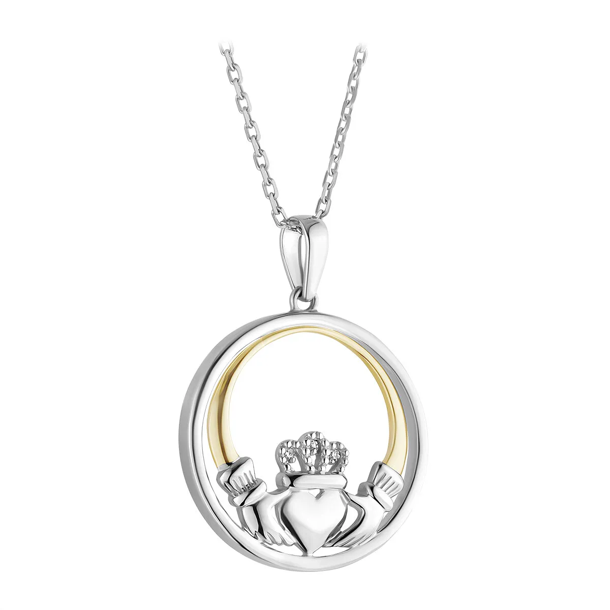 Gold Silver Diamond Round Claddagh Necklace