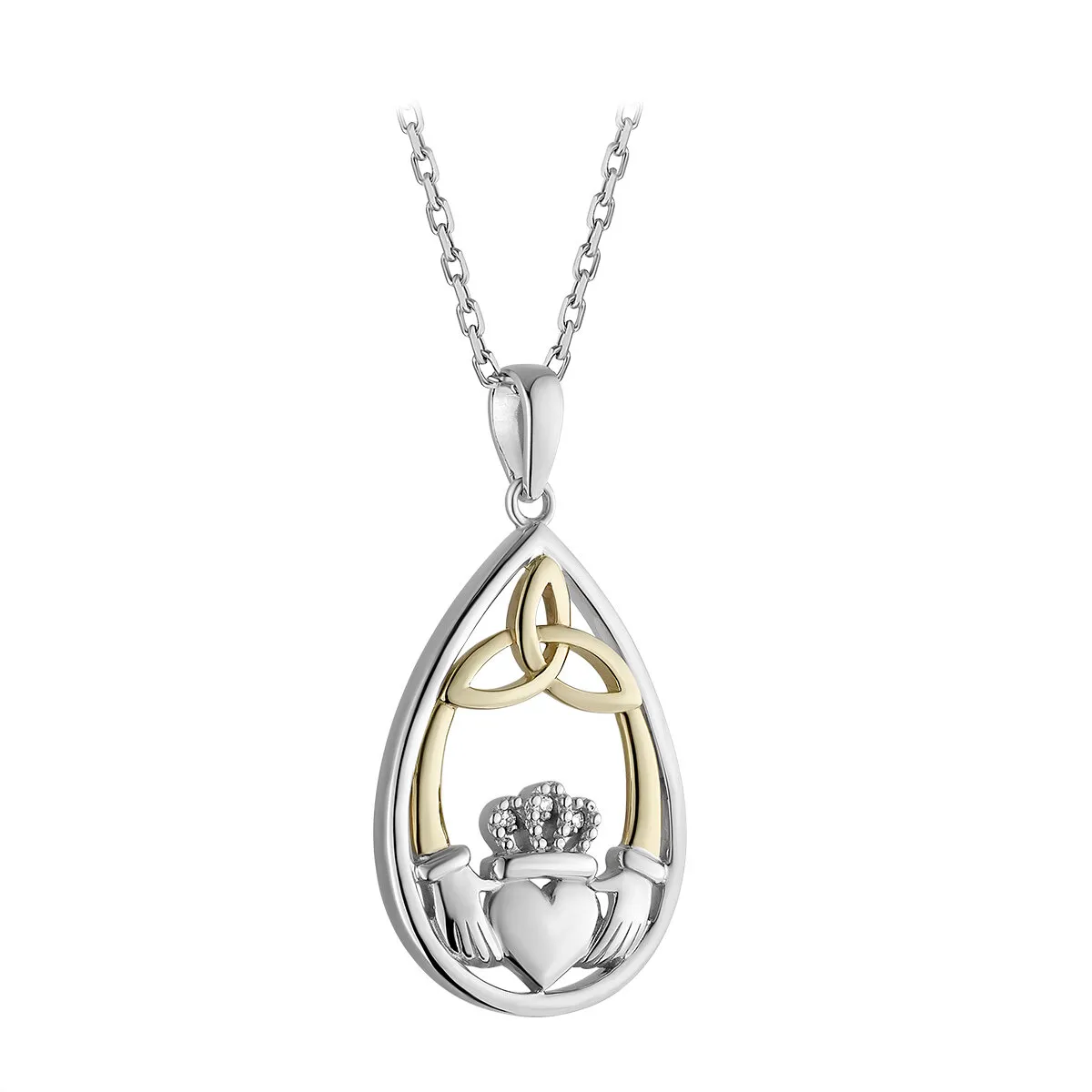Silver And 10k Gold Diamond Oval Claddagh Necklace