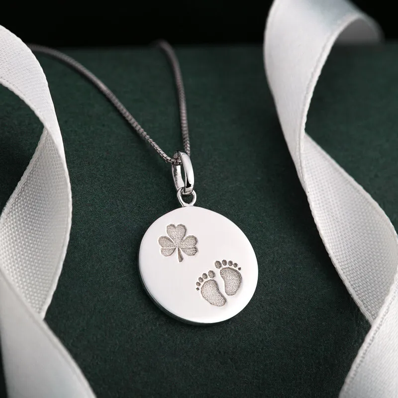 Silver Shamrock Baby Feet Disc Pendant 1...