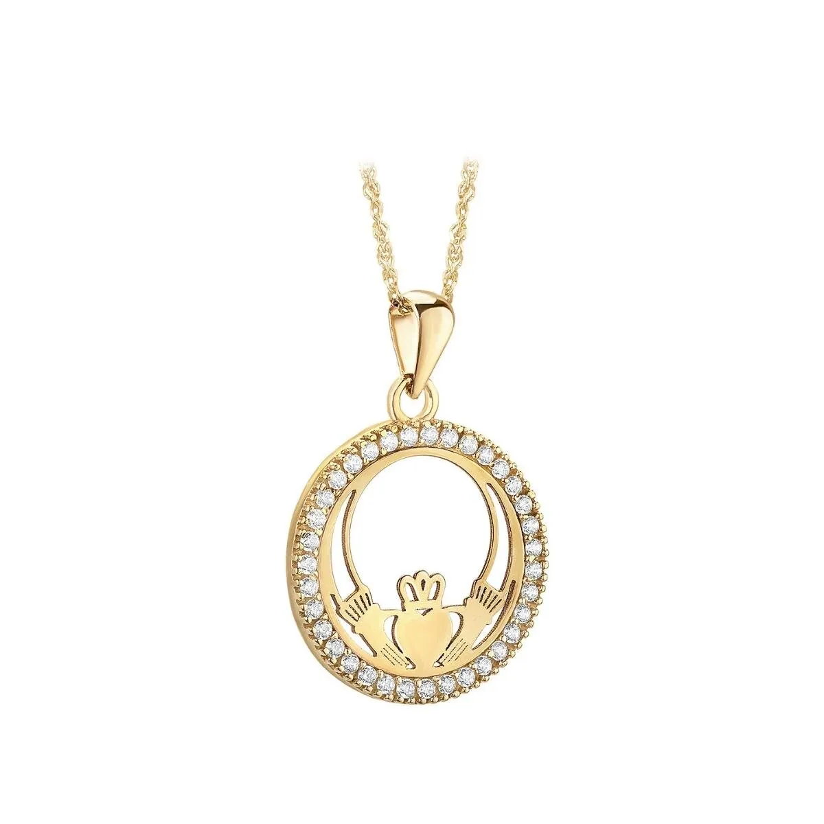 10k Gold Round Claddagh Necklace with Cubic Zirconia Stones...